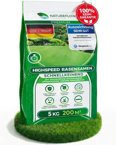 Natureflow Rasensamen schnellkeimend Frühjahr 5kg – Ideal für einen sattgrünen Rasen - Entwickeln Sie mit diesen schnellkeimenden Rasensamen einen dichten, robusten Rasen, der ideal für Spiel und Sport ist. Die Mischung sorgt für eine gleichmäßige, grüne Fläche auf bis zu 200 m².