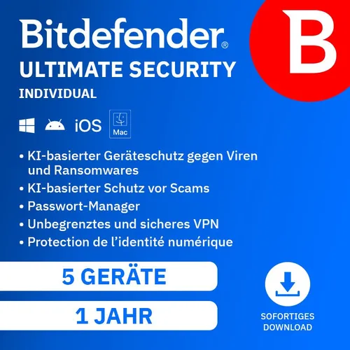 Bitdefender Ultimate Security 2026 – Individuelle Cybersicherheit - Premium-Cybersicherheitslösung für den Schutz Ihrer Geräte und persönlichen Daten. Mit Funktionen wie VPN, Passwortverwaltung und Datenlecküberwachung bietet Bitdefender Ultimate Security 2026 umfassenden Schutz für ein sicheres Online-Erlebnis.