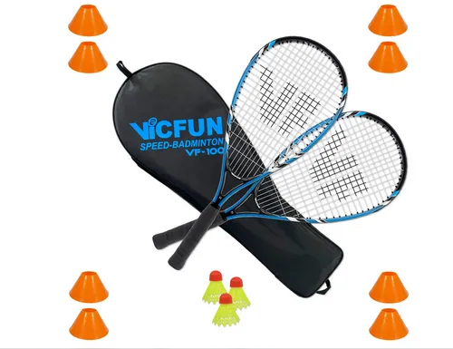 Vicfun Crossminton Speed Badminton Set VF-100 - Komplettes Set für Freizeitspieler - Zubehör für Crossminton: Enthält 2 Schläger, 3 Bälle, 8 Spielfeldmarkierungen und eine praktische Tasche für unterwegs.