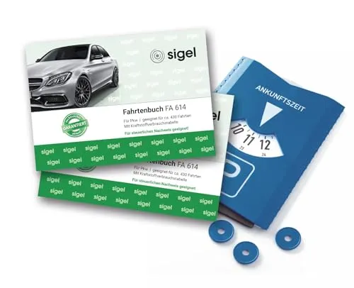 SIGEL T1096 Fahrtenbücher für PKW, 2er Set, mit Parkscheibe/Eiskratzer (2xFA614, A6 quer, 80 Seiten) - für Deutschland und Österreich, vom Finanzamt anerkannt, aus nachhaltigem Papier