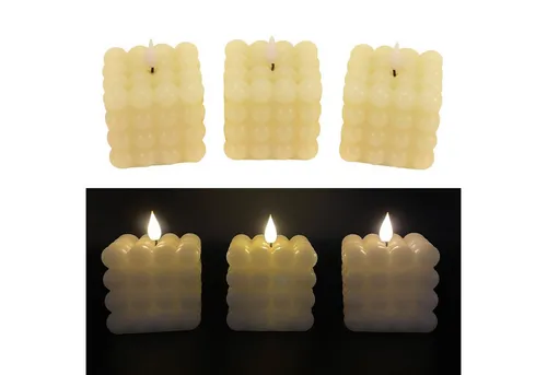 Online-Fuchs LED-Kerze 3er Set LED Bubble Kerzen aus Echtwachs mit Timerfunktion (2 Farben wählbar (creme oder orange), Seifenblasen-Optik Würfel-förmig 7,5x7,5x10 cm