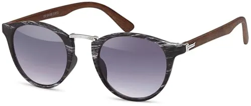 styleBREAKER Unisex Sonnenbrille Panto Holzoptik | Runde Retro Brille UV400 | Modisches Wood Look Design (Kunststoff) inkl. Etui & Tuch, Schwarz-Silber/Grau Verlauf