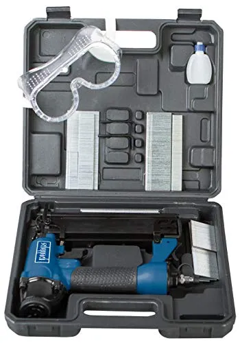 Scheppach 2-In-1 Druckluft Klammer-Nagelpistole - Tacker für Nagellängen von 15-50 mm, ideal für präzise Holzarbeiten. Inklusive 1000 Nägel und 1000 Klammern sowie Zubehör wie Schutzbrille und Öl-Fläschchen.