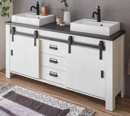 Furn.Design Doppelwaschtisch Stove - 164 cm in Weiß Pinie - Waschtisch in Landhausstil mit 2 Mineralguss-Waschbecken, Soft-Close-Funktion und viel Stauraum dank 2 Schiebetüren. Ideal für jedes Badezimmer!