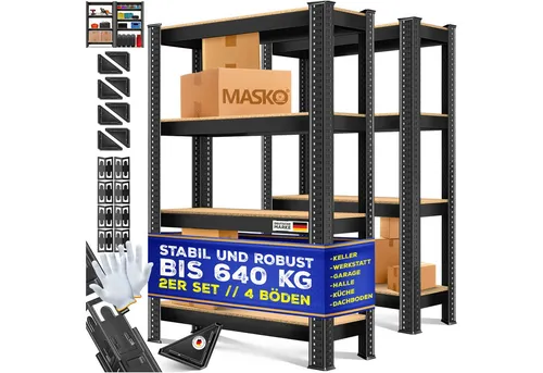 MASKO Schwerlastregal 2er-Set – Lagerregal bis 875 kg - Schwerlastregale in elegantem Schwarz, ideal für Keller und Werkstatt, bieten hohe Stabilität und Platz für schwere Lasten.
