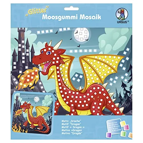 Ursus 8420016 - Glitter Moosgummi Mosaik-Bild "Drache", Bastelset für ein Klebebild aus Moosgummi-Stickern, ca. 25 x 25 cm mit Aufsteller, Mittel
