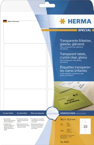 HERMA Etiketten glasklar A4 96x50,8 mm - 250 Stück - Sonstige, hochwertige Folie glänzend für professionelle Etikettierung, ideal für Büro und Zuhause.