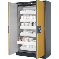 Sicherheitsschrank Q90 RAL 7016/RAL 1004 6AZ1BW.S - Werkstatteinrichtung für sichere Lagerung entzündbarer Stoffe, feuerwiderstandsfähig bis 90 Minuten, mit selbstschließenden Türen und abschließbarem Schloss für höchste Sicherheit.