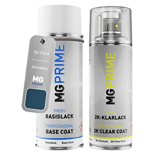 MG PRIME Autolack 2K Spraydosen Set für Ford 5DVEWWA / PN3D20 / 2 Jeans Blue Metallic/Jeans Blau Metallic Basislack 2 Komponenten Klarlack Sprühdose