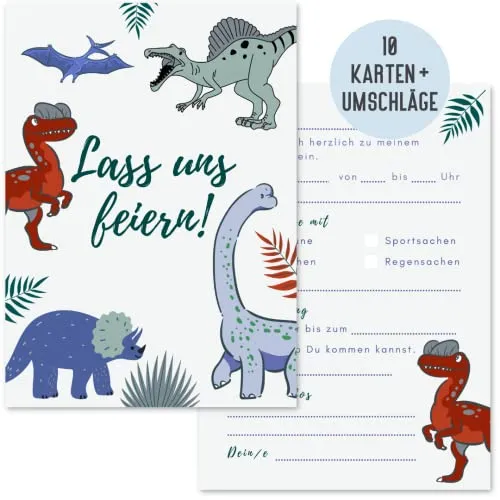 Things of Happiness 10 Einladungskarten zum Kindergeburtstag Dinosaurier-Party by Geburtstagseinladungen Dinos mit Briefumschlägen | Einladung zum Geburtstag für Kinder Mädchen Junge (Dinosaurier)