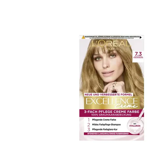 L'Oréal Paris Haarfarbe Coloration Excellence 7.3 Haselnussblond - L'Oréal Paris Excellence Creme Farbe 7.3 bietet eine dauerhafte Coloration mit 3-fach Pflege. Die spezielle Formel schützt das Haar und sorgt für langanhaltenden Glanz. Inklusive mildem Shampoo und Pflege-Balsam für optimale Ergebnisse.