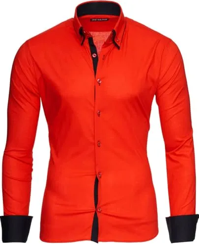 Reslad Herren Hemd Männer Hemden bügelfrei figurbetont Freizeithemd Business 2 Knopf Doppelkragen RS-7050 Rot Schwarz Gr XL