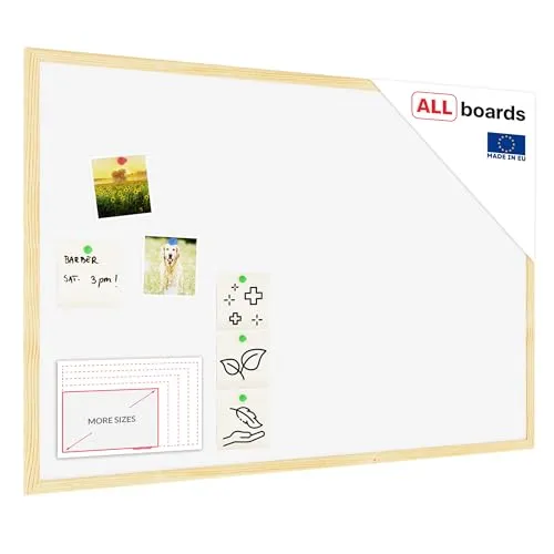 ALLboards Pinnwand 90 x 60 cm - Weiße Pinnwand aus Naturkork mit selbstheilender Oberfläche und Holzrahmen, ideal zum Anheften von Infos und Bildern. Montage im Hoch- oder Querformat möglich.