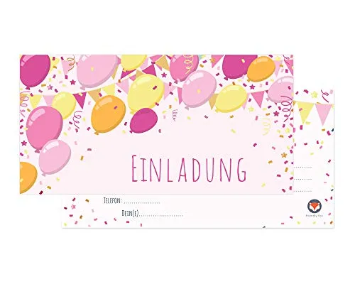 Friendly Fox Ballons Einladung Kindergeburtstag - 12er Set Einladungskarten Geburtstag Kinder Mädchen inkl. 12 bunter Umschläge - Geburtstagseinladungen - Geburtstag Mädchen