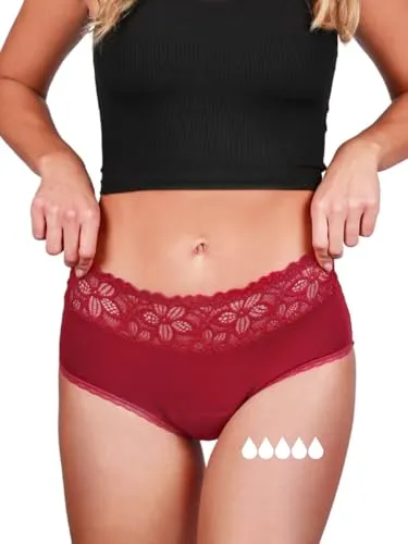 Taynie Deluxe extra stark Periodenunterwäsche Starke Blutung - Periodenwäsche - Menstruationsunterwäsche - ersetzt 4 Tampons, Periodenslip Tragedauer bis 12 Std., waschbar bis 60°C (36, Rot)