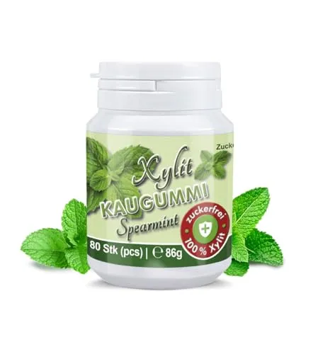 Xylit Kaugummi - Tschüß Karies: 80 zuckerfreie Zahnpflegekaugummi - 100% Xylit, ohne Aspartam, vegan - angenehmer Atem & frischer Mund - Spearmint-Geschmack (1 Dose)