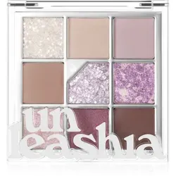 UNLEASHIA Glitterpedia No.4 All of Lavender Fog - Lidschatten Palette - VEGANE LIDSCHATTENPALETTE | 9 Farbtöne mit verschiedenen Texturen von matt bis glitzernd für einen eleganten Look. Ideal für sanfte Lavendelaugen und viele Kombinationsmöglichkeiten.