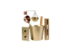 Home Deluxe THERA Gold Saunazubehör Set - Komplett Set für Ihre Sauna mit elegantem Design. Enthält Saunaeimer, Kelle, Sanduhr, Thermo- und Hygrometer – ideal für entspannende Sauna-Momente.
