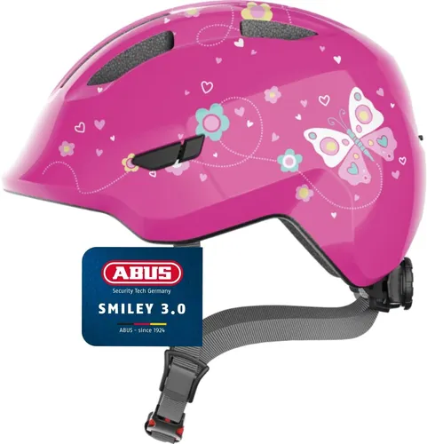 ABUS Kinderhelm Smiley 3.0 - Sicherer Fahrradhelm mit tiefer Passform, Platz für Zopf und schickem Schmetterlings-Muster in Pink, Größe M