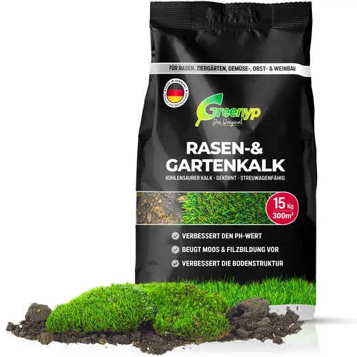 Greenyp Rasenkalk & Gartenkalk I 15kg / 300m² I fein gekörnter staubarmer kohlensaurer Kalk gegen Moos und Pilze im Rasen I verstärkt die Düngung