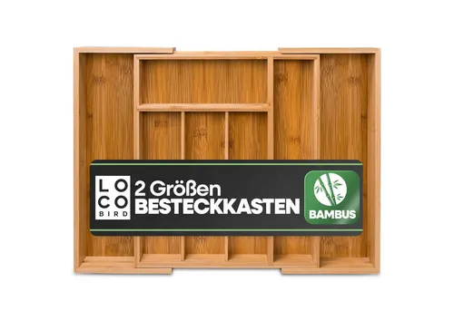 Loco Bird Besteckkasten aus Bambus - Nachhaltiger Besteckeinsatz für Schubladen, ausziehbar auf bis zu 7 Fächer - sorgt für Ordnung und schnellen Zugriff auf Ihr Küchenzubehör.