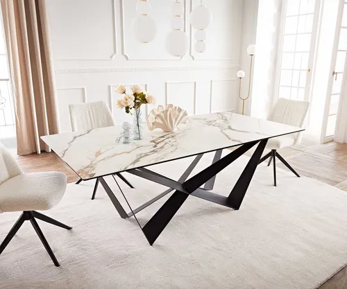 DELIFE Esstisch Edge 200x100 Keramik Calacatta Luxe Weiß-Gold-Grau Spider Flachstahl Schwarz