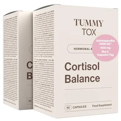 Ashwagandha 600 mg, Rhodiola Rosea, Magnesium, Vitamin B6 und Vitamin B5 – 120 Kapseln für 60 Tage – Cortisol Balance TummyTox
