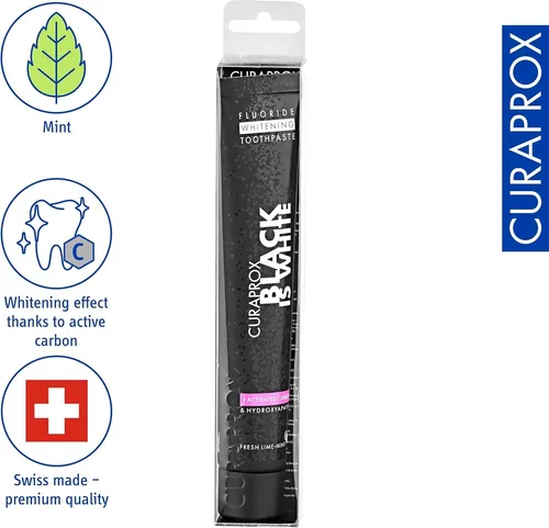 Curaprox Black is White Kohlezahnpasta 90 ml - Zahnpasta mit Aktivkohle für sanftes Whitening, entfernt Verfärbungen ohne schmirgeln und fördert die Mundgesundheit. Glutenfrei und erfrischend-limonig, 90 ml.