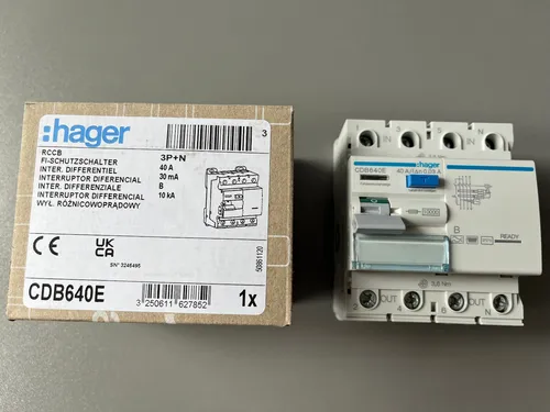 Hager CDB640E Fehlerstromschutzschalter 4-polig 40A 30mA Typ B - Sonstige Elektroinstallationsartikel, allstromsensitiver FI-Schalter mit 10kA für sicheren Schutz vor Fehlerströmen und einfache Montage ohne Werkzeug.