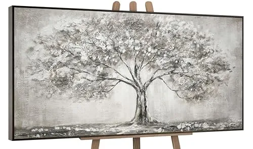 YS-Art Acryl Gemälde auf Leinwand handgemalt Lebensbaum Abstrakte Kunst Bilder Wohnzimmer Wandbilder modern mit grau Farben Grauen Farben mit Rahmen 160x80 cm