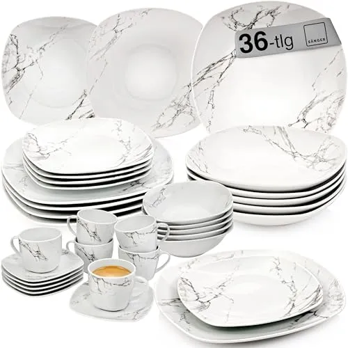 SÄNGER Kombiservice Bilgola Marmor - 36-teiliges Geschirrset für 6 Personen - Kombiservice aus hochwertigem Porzellan mit elegantem Marmor Design. Perfekt für Dinnerpartys und den täglichen Gebrauch - 36 Teile für 6 Personen.