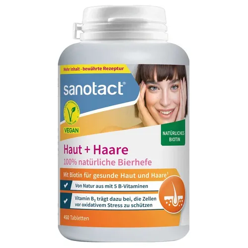 sanotact Bierhefe Tabletten – 100% natürliche Bierhefe, vegan - Hochwertige Bierhefe-Tabletten mit Biotin und 6 B-Vitaminen für die tägliche Pflege von Haut und Haar. Ideal für Veganer, ohne Zusatzstoffe, für eine praktische Anwendung.