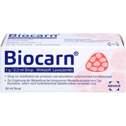 Biocarn Sirup bei Carnitinmangel - Stärkt das Herz - Arzneimittel zur Unterstützung bei Carnitinmangel, hochdosiert mit 303 mg L-Carnitin pro ml, ideal zur Stärkung von Herz- und Skelettmuskulatur.