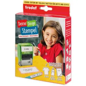 Trodat Deine Dinge School Edition DIY Stempel - Individueller Selbstfärbestempel für Textilien und glatte Oberflächen, waschbar bis 95 °C, ideal für die Kennzeichnung von Kleidung und Schulmaterialien.