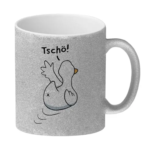 Ente winkt zum Abschied Glitzer-Kaffeebecher mit Spruch Tschö Witzige Gans Tasse winkt Kollege in Ruhestand - Ideal für Schule Abschluss