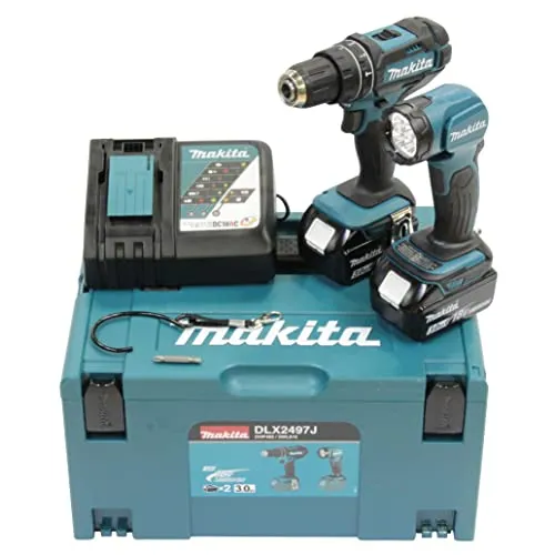Makita DLX2497J Akku-Kombo-Kit 18V - Akkuschrauber-Set mit DHP482 und DML815, inklusive 2 leistungsstarker 3,0 Ah Akkus und Ladegerät im praktischen MAKPAC für maximale Flexibilität und Mobilität.