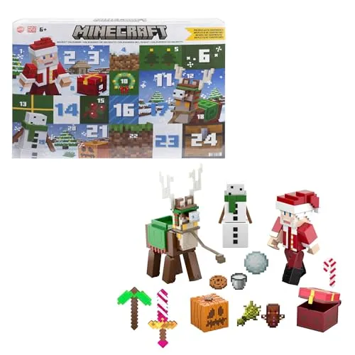 MATTEL HXM86 Minecraft Adventskalender - Festlicher Spielspaß - Adventskalender mit 3 Actionfiguren und 17 Zubehörteilen, ideal für Minecraft-Fans ab 6 Jahren. Entdecken und erschaffen Sie 24 Tage voller pixeliger Überraschungen!