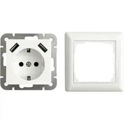 USB Schutzkontakt Steckdose 2 x USB 2800mA Unterputz Modell 55 - Praktische Unterputz USB Steckdose mit 2 Hochleistungsanschlüssen (2800mA) und integriertem Kinderschutz. Ideal für Wohnzimmer, Küche und Büro. Inklusive 1-fach-Rahmen, kompatibel mit gängigen Schalterprogrammen.