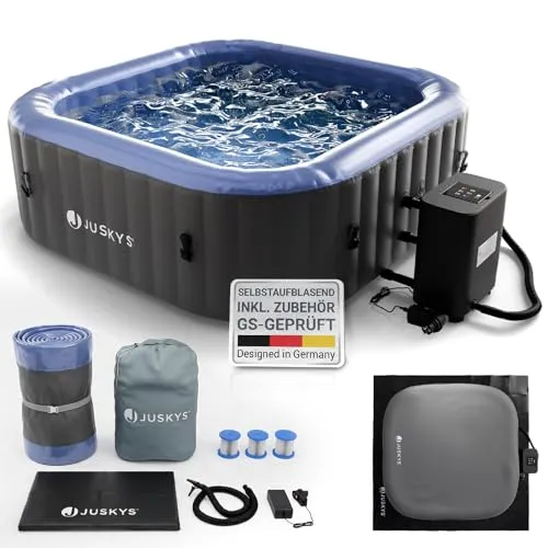 Juskys Whirlpool SpaLuxe - 130 Sprudeldüsen, 2400W Heizung, 910L Volumen - Grau/Blau - Genieße entspannende Stunden im Juskys SpaLuxe Whirlpool. Mit 130 Sprudeldüsen und Platz für 4-6 Personen wird dein Garten zur Wohlfühloase. Die effiziente Heizung sorgt für angenehme Temperaturen zu jeder Zeit.