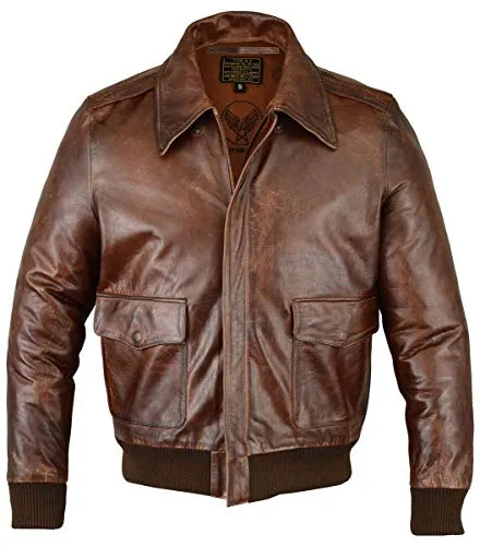 baallo FIVESTAR Leather Herren A2 Lederjacke Air Force Echtleder Bomberjacke Basic Luftwaffe Braun Distressed Aviator Jacke (Flight Jacke)