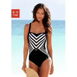Badeanzug LASCANA Damen Größe 40, Schwarz gestreift - Bademode von LASCANA mit edler goldfarbener Beschichtung und formendem Shaping-Einsatz für eine traumhafte Silhouette. Ideal für den Strand oder Pool.