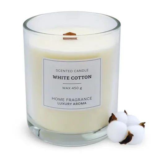 XL Duftkerze im Glas 13 x 10 cm mit Knisterdocht aus Holz - White Cotton Duft - Große Aromakerze 1200g Wachs 50 Stunden Brenndauer - Raumduft Deko Kerze parfümiert Baumwolle Aroma