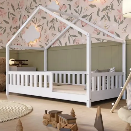 Crazy Pine Hausbett 80x160 cm – Sicheres Kinderbett mit Rausfallschutz in Weiß - Das Crazy House Kinderbett bietet sicheren Schlafkomfort mit 31,5 cm hohen Barrieren. Hergestellt aus schadstofffreiem Kiefernholz, ist es ideal für Kleinkinder und bietet Höhenverstellbarkeit für optimalen Stauraum.