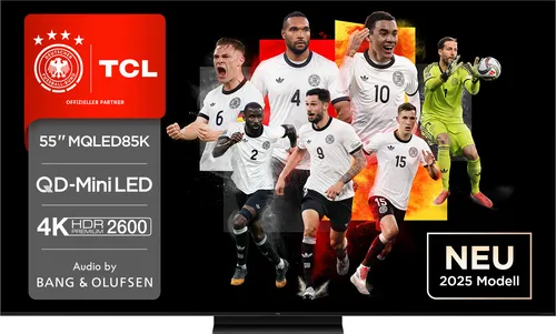 TCL 55MQLED85K QLED Mini LED TV - 55 Zoll QLED Mini LED Fernseher mit 4K Ultra HD, Dolby Vision IQ und Game Master für ein beeindruckendes Seherlebnis und optimales Gaming.