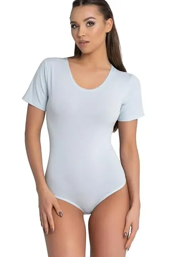 Evoni Damen Body kurzarm l Stringbody aus Baumwolle mit Rundhals l Kurzarmbody für Frauen l Tanga Bodysuit l String Body M hellblau