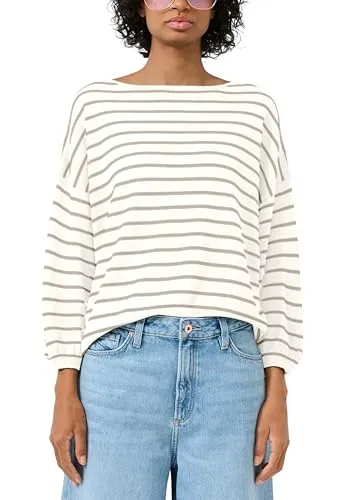 QS Damen Strickpullover 2175113 Brown S - Stylischer Rundhalsausschnitt Langarm-Pullover im Loose Fit mit modischem Querstreifen-Design. Ideal für lässige Looks und bequemes Tragen.