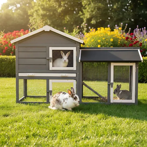 Zooprinz Kleintierstall Dream Grey mit Auslauf - Outdoor Kleintierstall aus lasiertem Kiefernholz, mit pflegeleichter Metall-Kotschublade und praktischem Klappdach für einfachen Zugang.