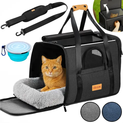 Cadoca Tiertransportbox – Faltbare Transporttasche für Hunde und Katzen - Praktische Tier-Transportbox für Reisen mit Haustieren, komfortabel und faltbar. Mit wendbarem Liegekissen, Sonnen- und Regenschutz sowie mehreren Außentaschen für Zubehör.
