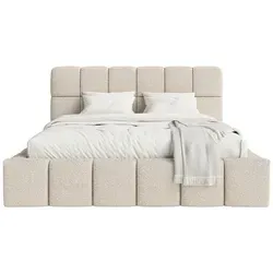 FEDVE Polsterbett Lund 180x200 cm aus elegantem Bouclé-Stoff - Betten – Stilvolles Polsterbett Lund mit hypoallergenem Bouclé-Stoff, Bettwäschebehälter und automatischem Lattenrost für höchsten Komfort und Funktionalität.