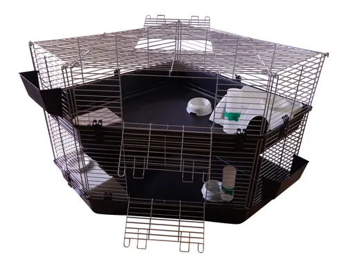 Stöckiger Eck Doppel Nagerkäfig Kaninchenkäfig 100 x 100 cm - Geräumiger Käfig für Nager, ideal für die artgerechte Haltung von Kaninchen und Meerschweinchen mit zwei Ebenen und viel Platz zum Spielen.